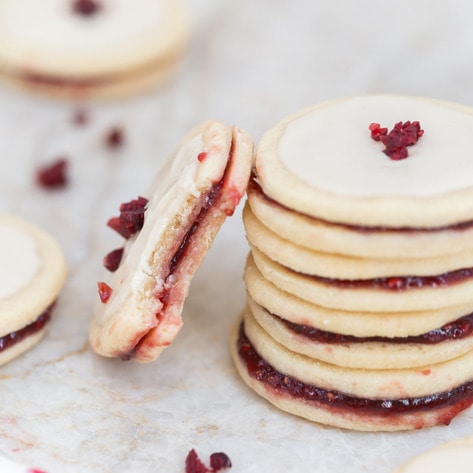 Vegan Shortbread Raspberry Jam Sandwich Cookies With Vanilla Icing