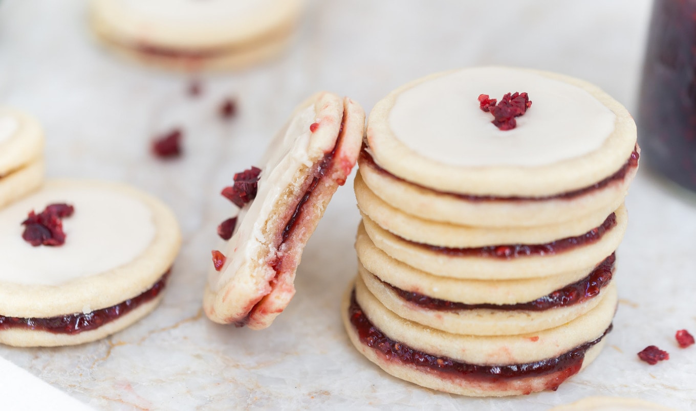 Vegan Shortbread Raspberry Jam Sandwich Cookies With Vanilla Icing