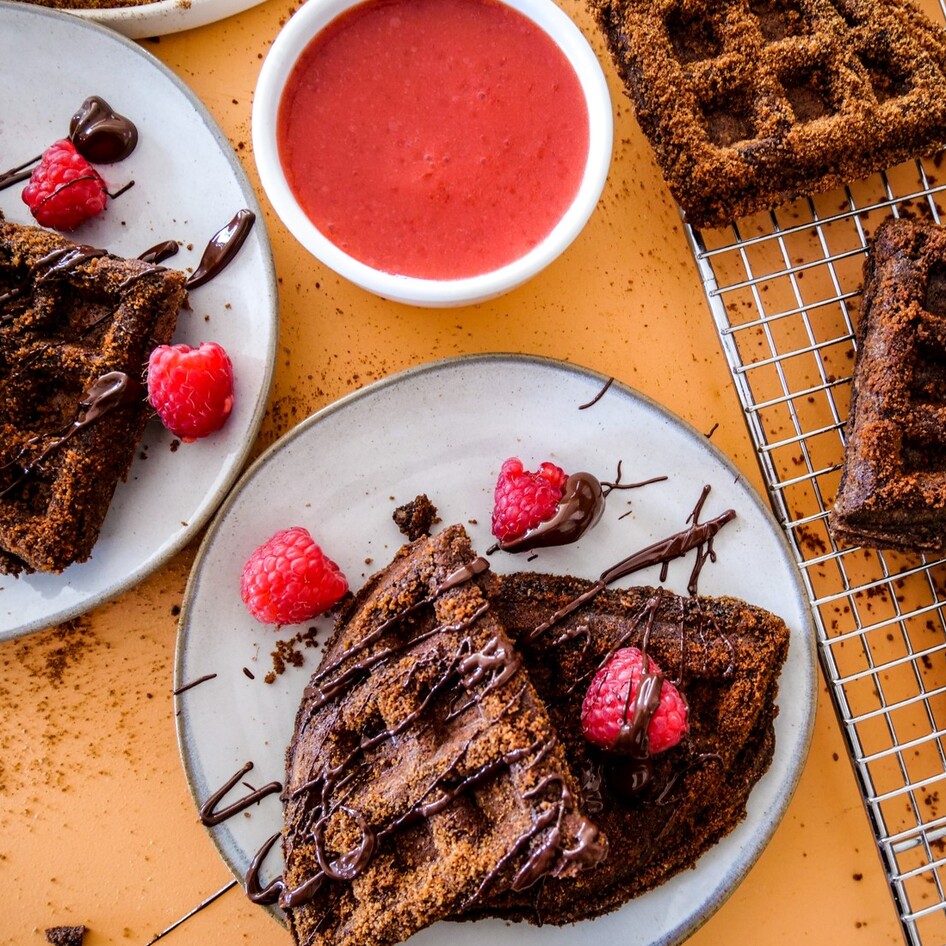 Vegan and Gluten-Free Chocolate Churro Waffles With Strawberry Sauce