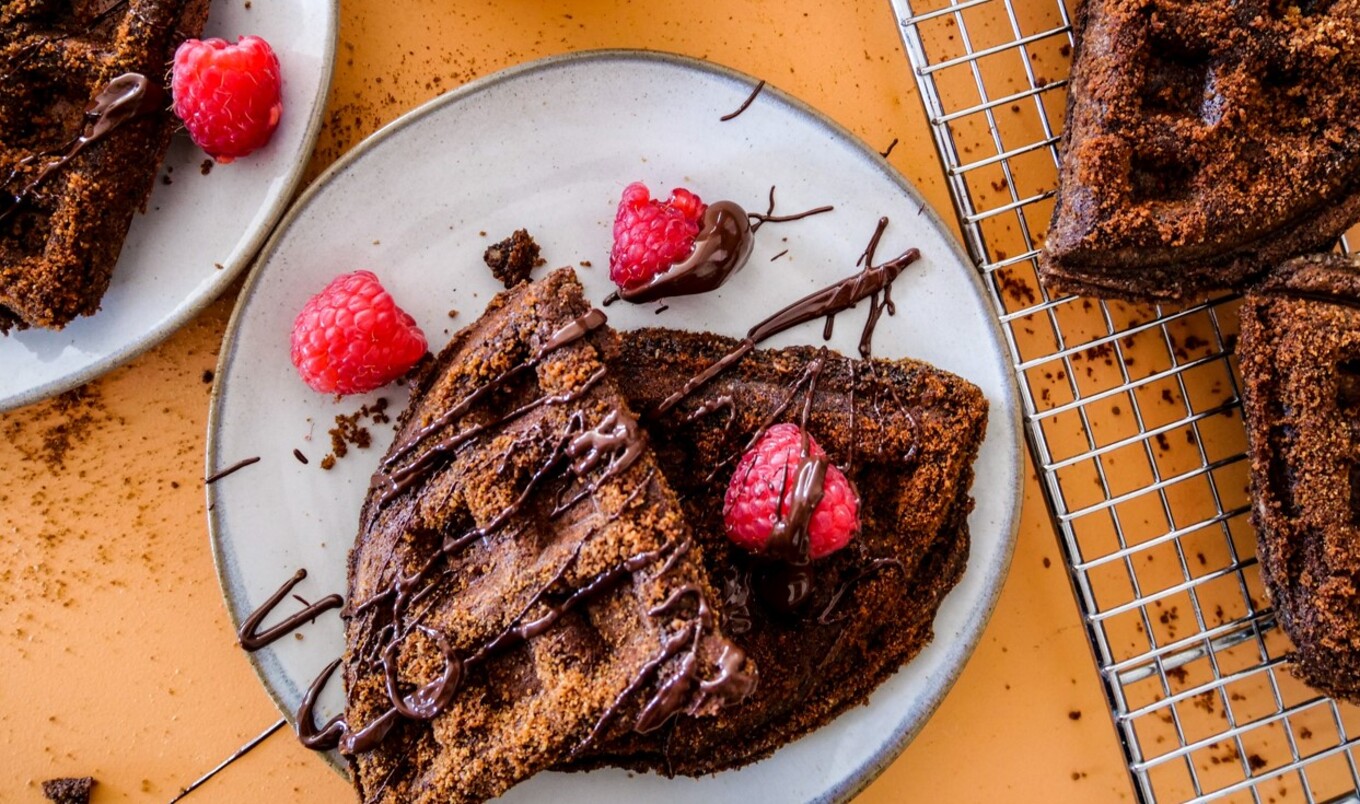 Vegan and Gluten-Free Chocolate Churro Waffles With Strawberry Sauce