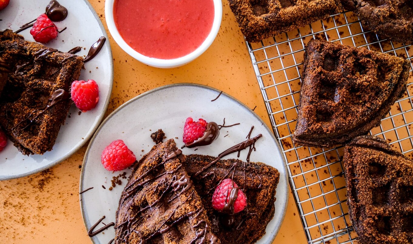 Vegan and Gluten-Free Chocolate Churro Waffles With Strawberry Sauce