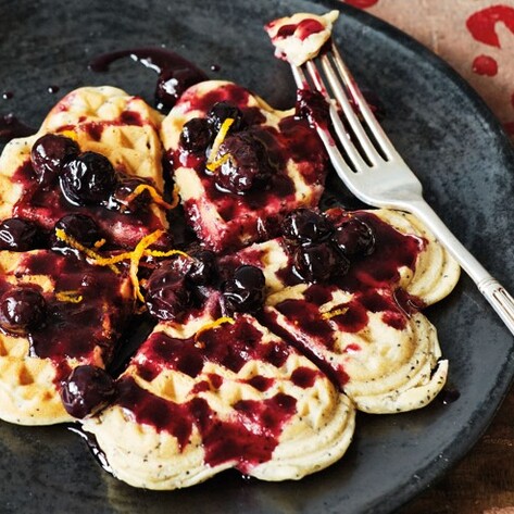 Vegan Poppy Seed Waffles With Blueberries, Orange Zest, and Maple Syrup