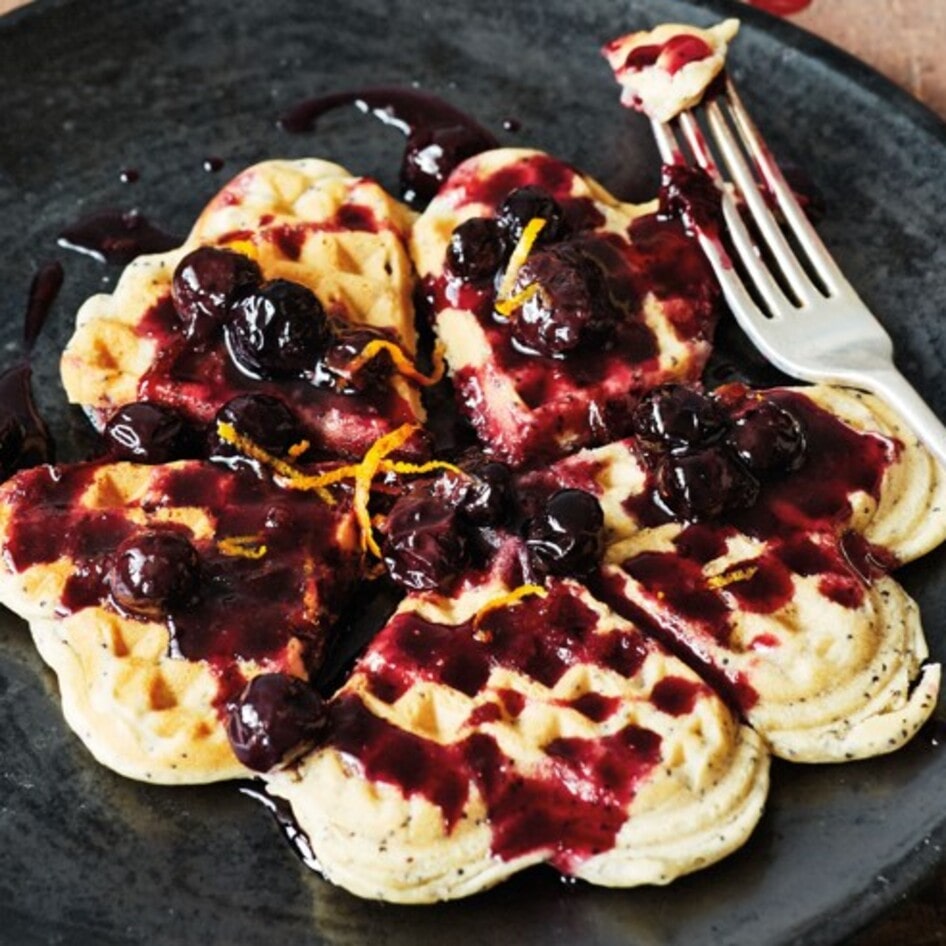 Vegan Poppy Seed Waffles With Blueberries and Orange Zest