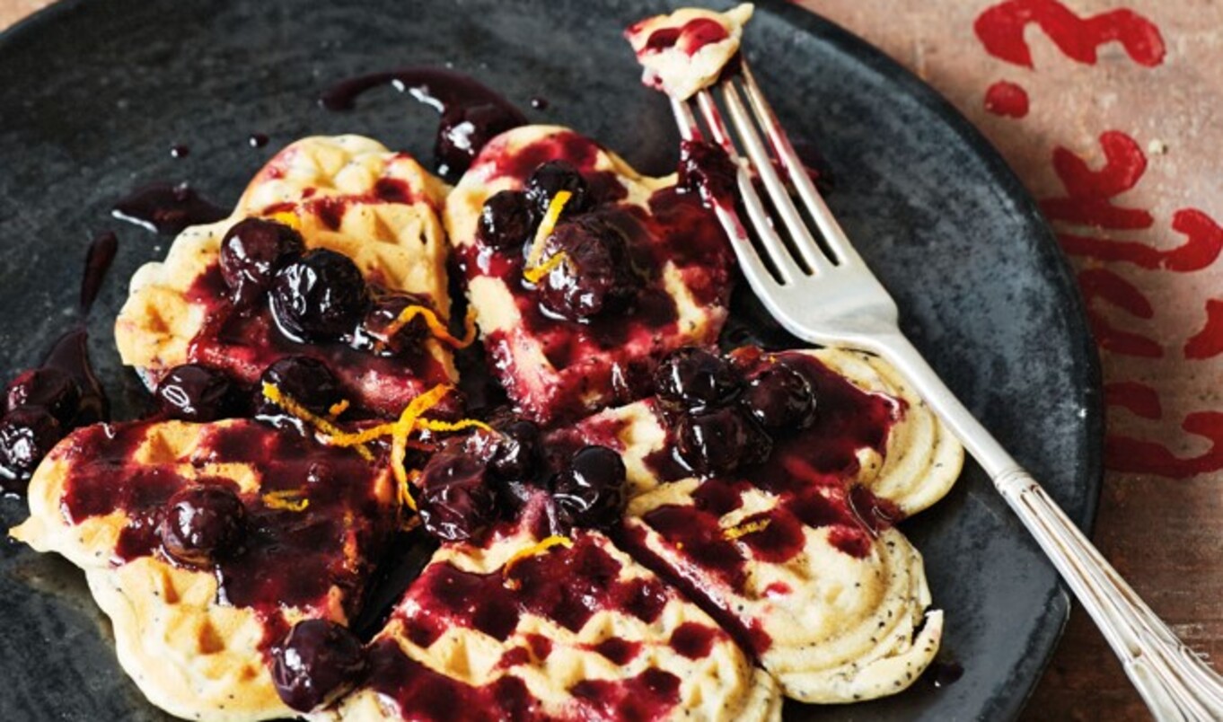 Vegan Poppy Seed Waffles With Blueberries and Orange Zest