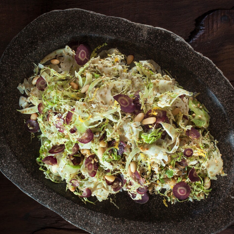 Vegan Shaved Brussels Sprouts With Za’atar, Lemon, and Pine Nuts