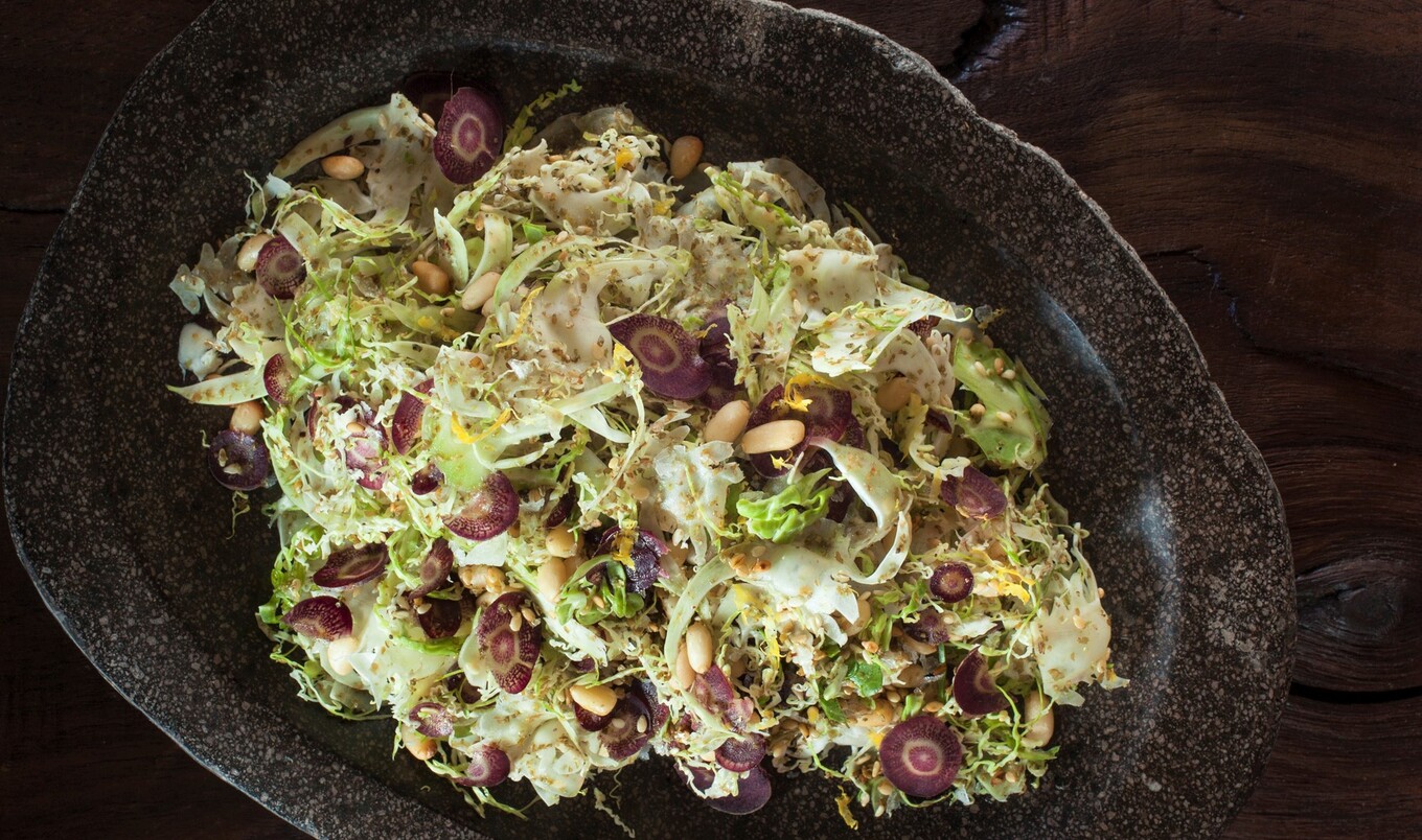 Vegan Shaved Brussels Sprouts With Za’atar, Lemon, and Pine Nuts