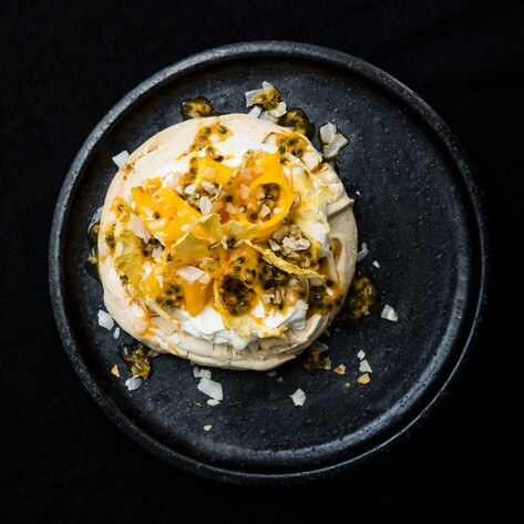  Vegan Tropical Passionfruit and Mango Pavlova