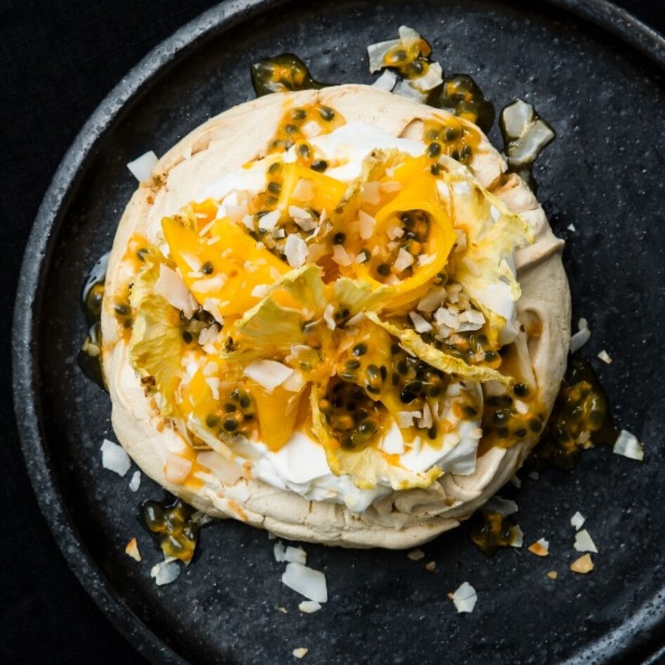 Vegan Tropical Passionfruit and Mango Pavlova