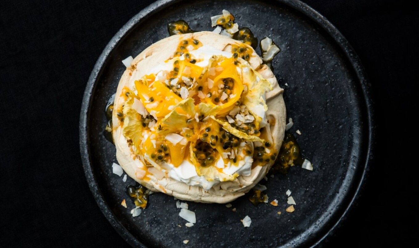 Vegan Tropical Passionfruit and Mango Pavlova