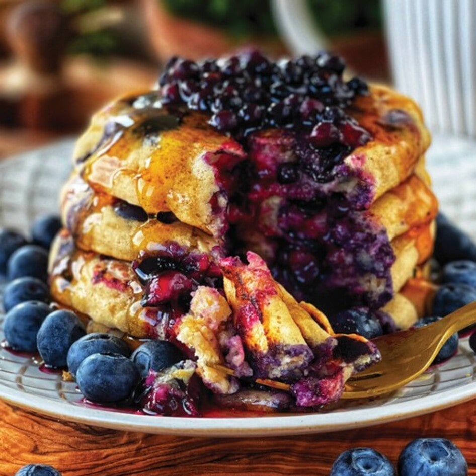 Vegan Blueberry Vanilla Pancakes With Maple Syrup