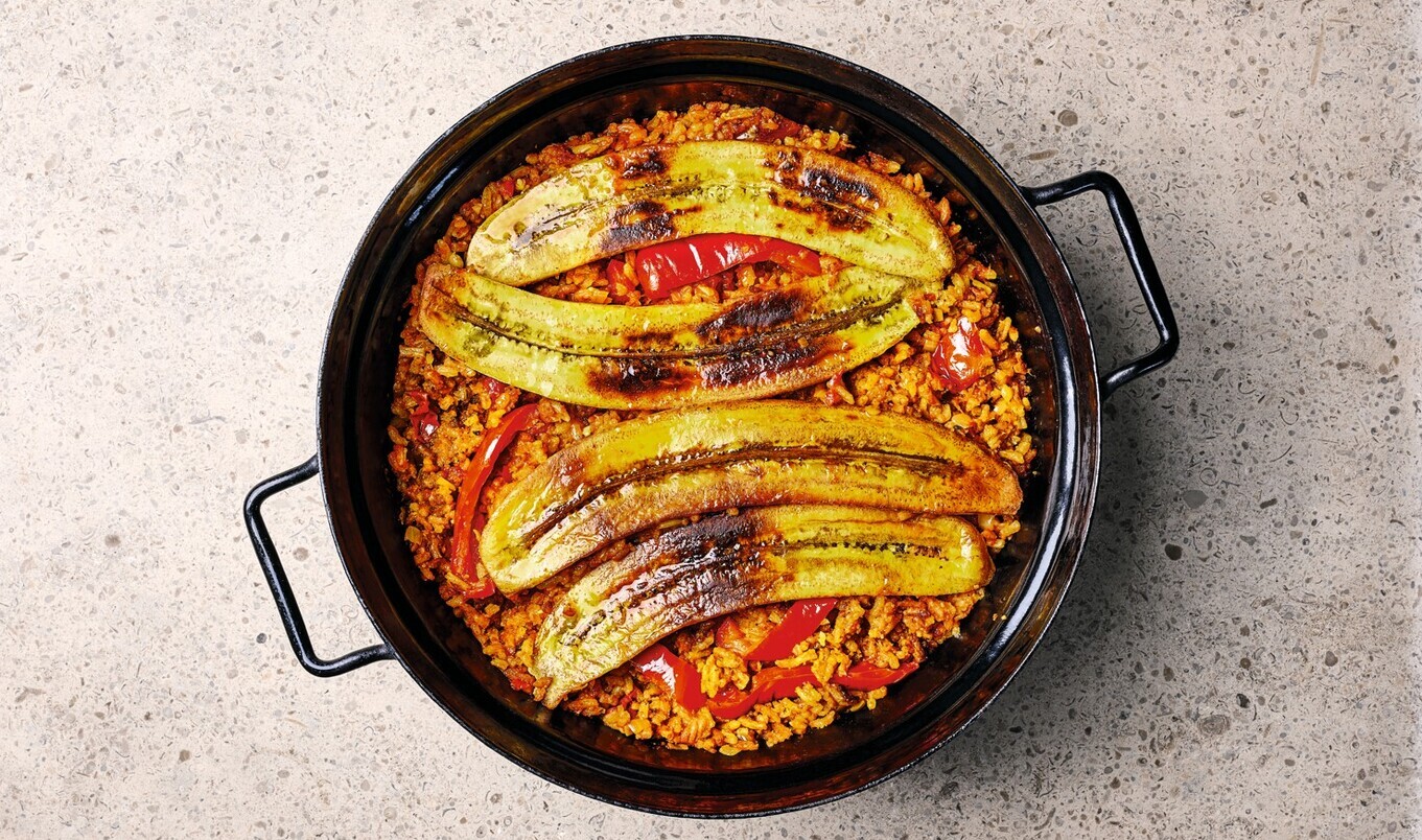 Garlicky Fried Plantains With Spicy Red Pepper and Tomato Rice