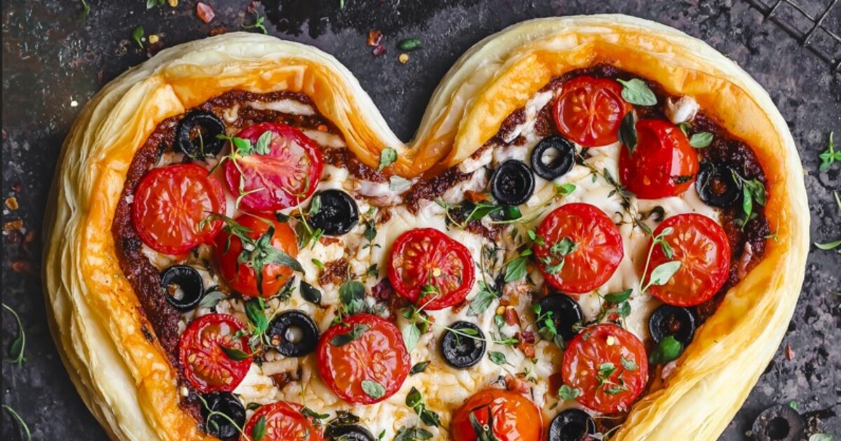 Vegan Heart-Shaped Tomato Tart With Spiced Red Pesto | VegNews