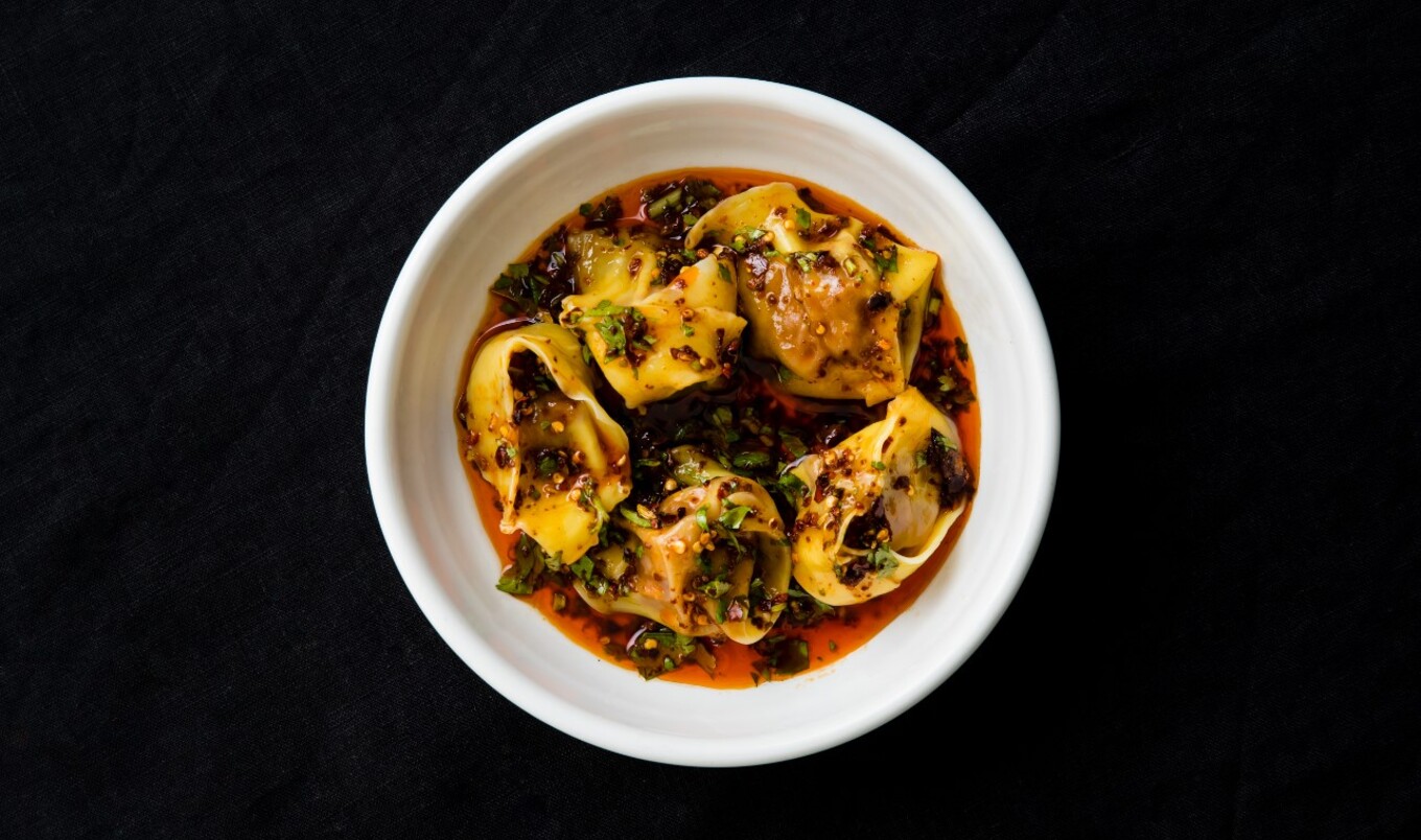 Vegan Mushroom Wontons in Sichuan Chili Oil