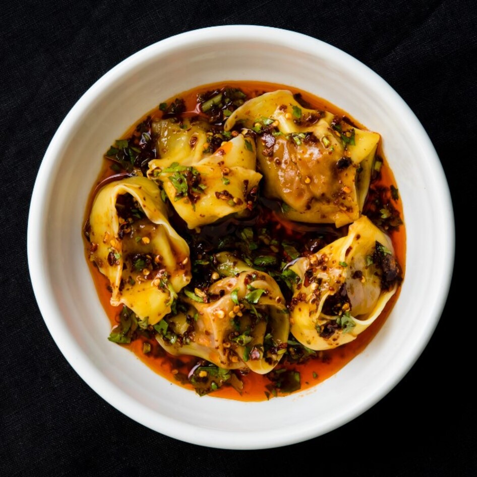 Vegan Mushroom Wontons in Sichuan Chili Oil