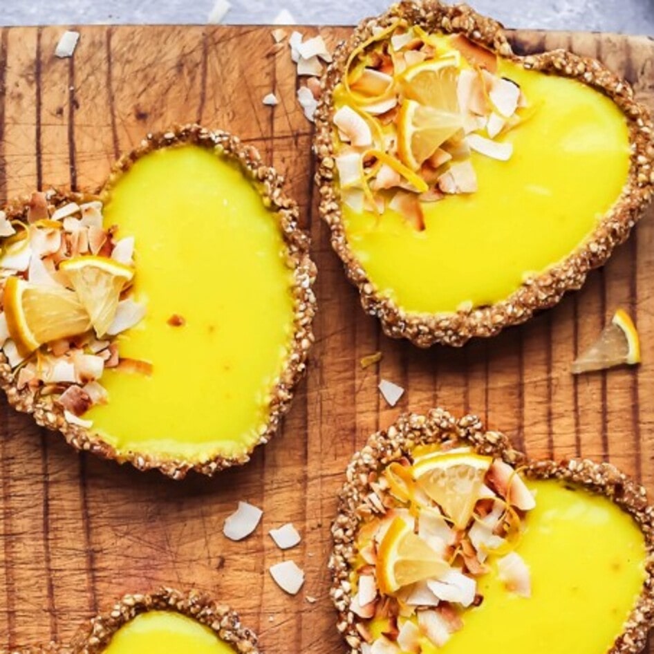 Cheery Vegan Lemon Curd Coconut Tarts