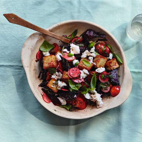 Vegan Jamaican Beet and Feta Panzanella Salad