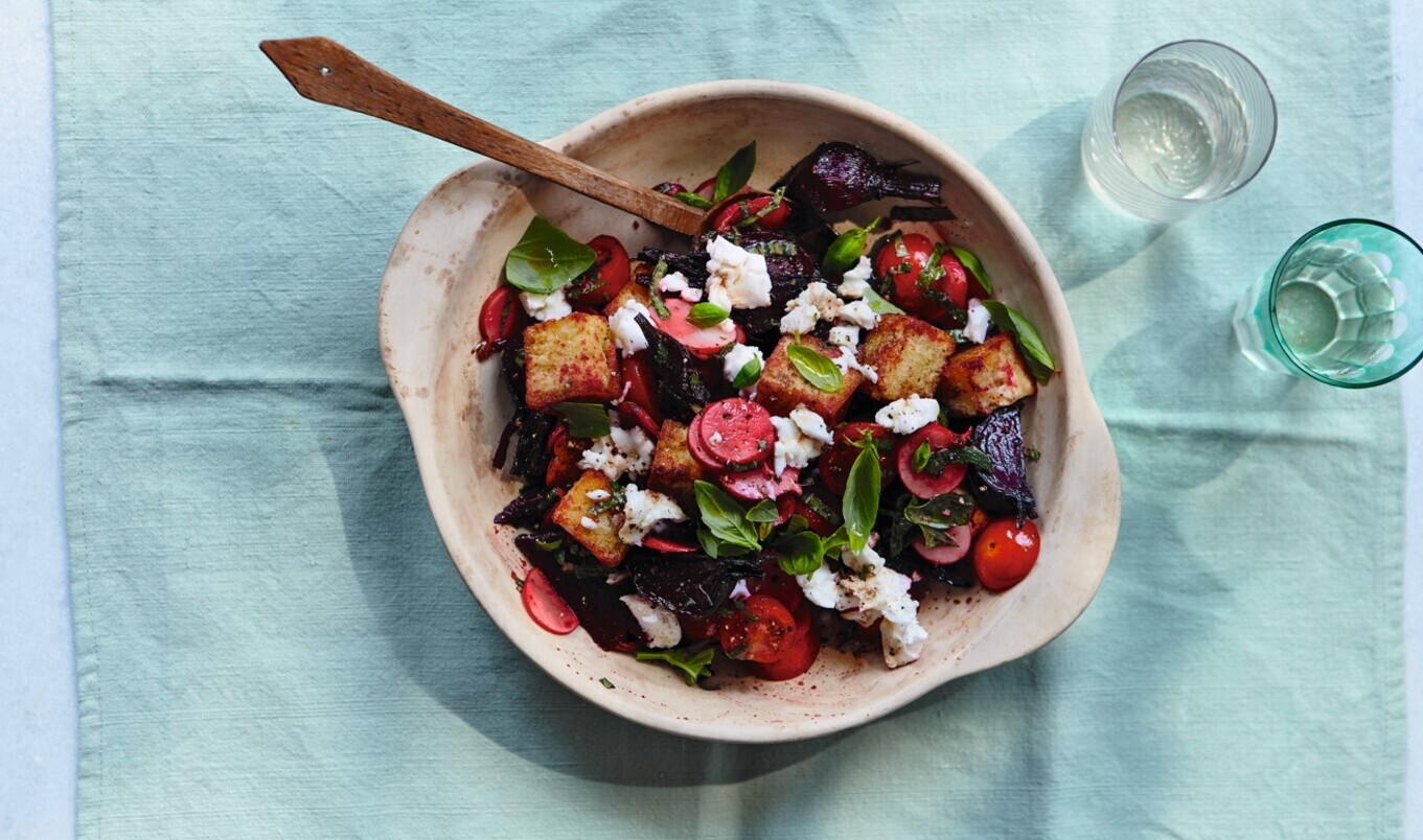 Jamaican Beet and Vegan Feta Panzanella Salad