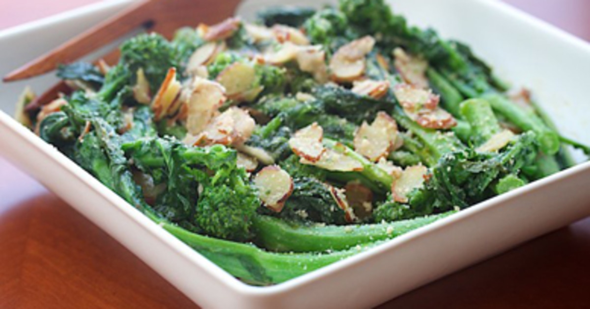 Vegan Buttery Broccoli Rabe Almondine | VegNews