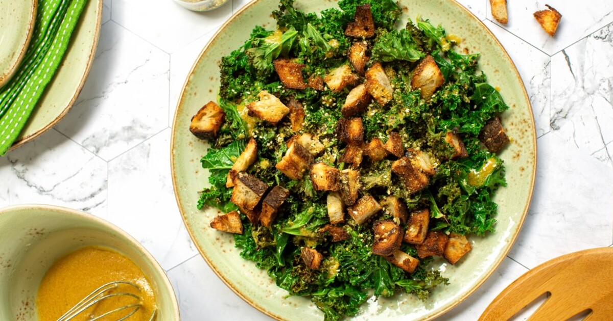 Vegan Kale Caesar Salad With Sourdough Croutons | VegNews