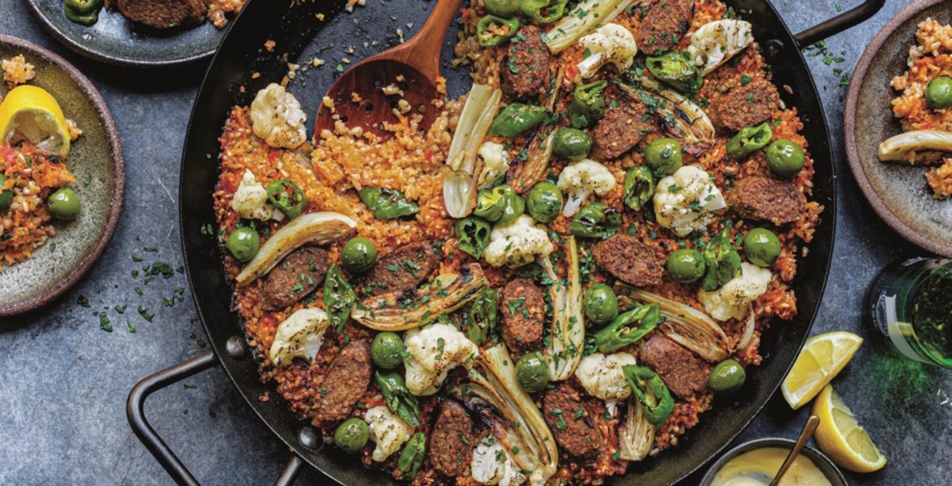Mixed Grain Vegetable Paella With Sausage and Castelvetrano Olives