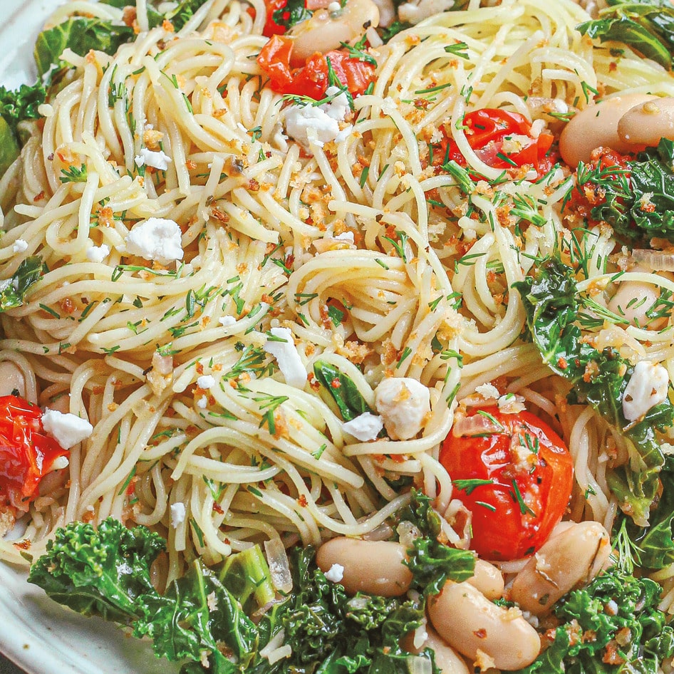 Vegan Angel Hair Pasta With Lemon, Kale, and Feta