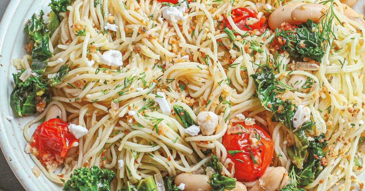 Angel Hair Pasta With Lemon, Kale, and Plant-Based Feta | VegNews