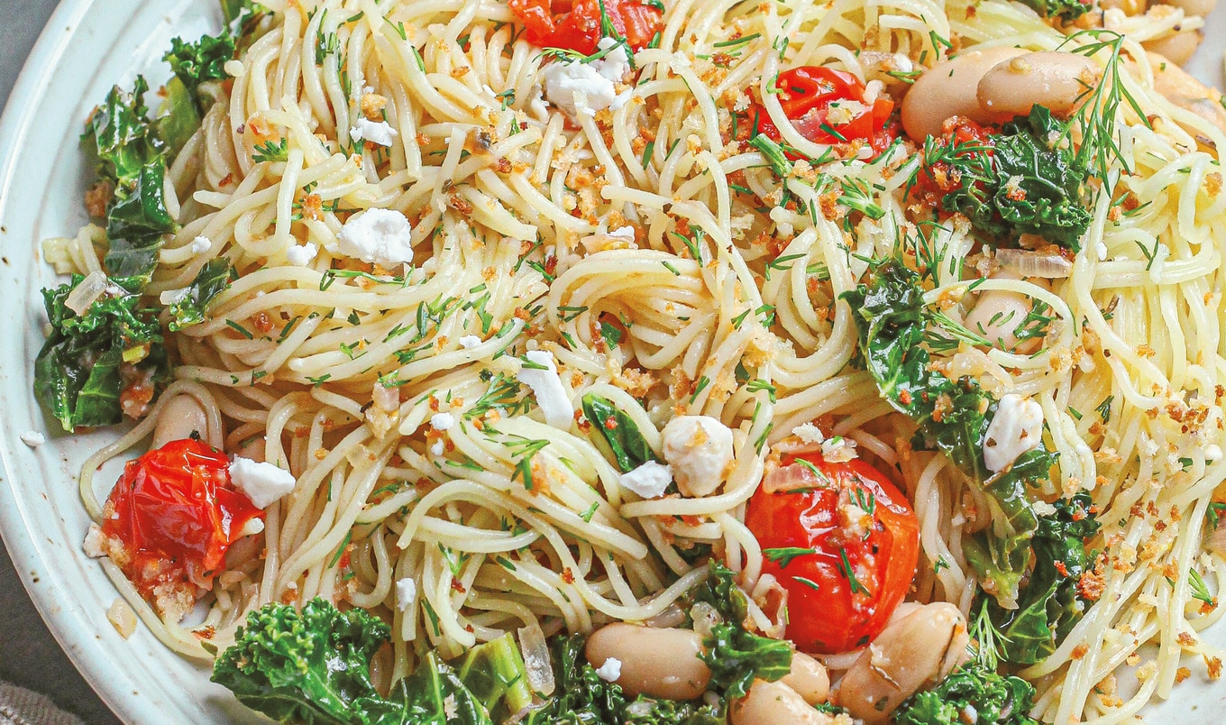 Vegan Angel Hair Pasta With Lemon, Kale, and Feta