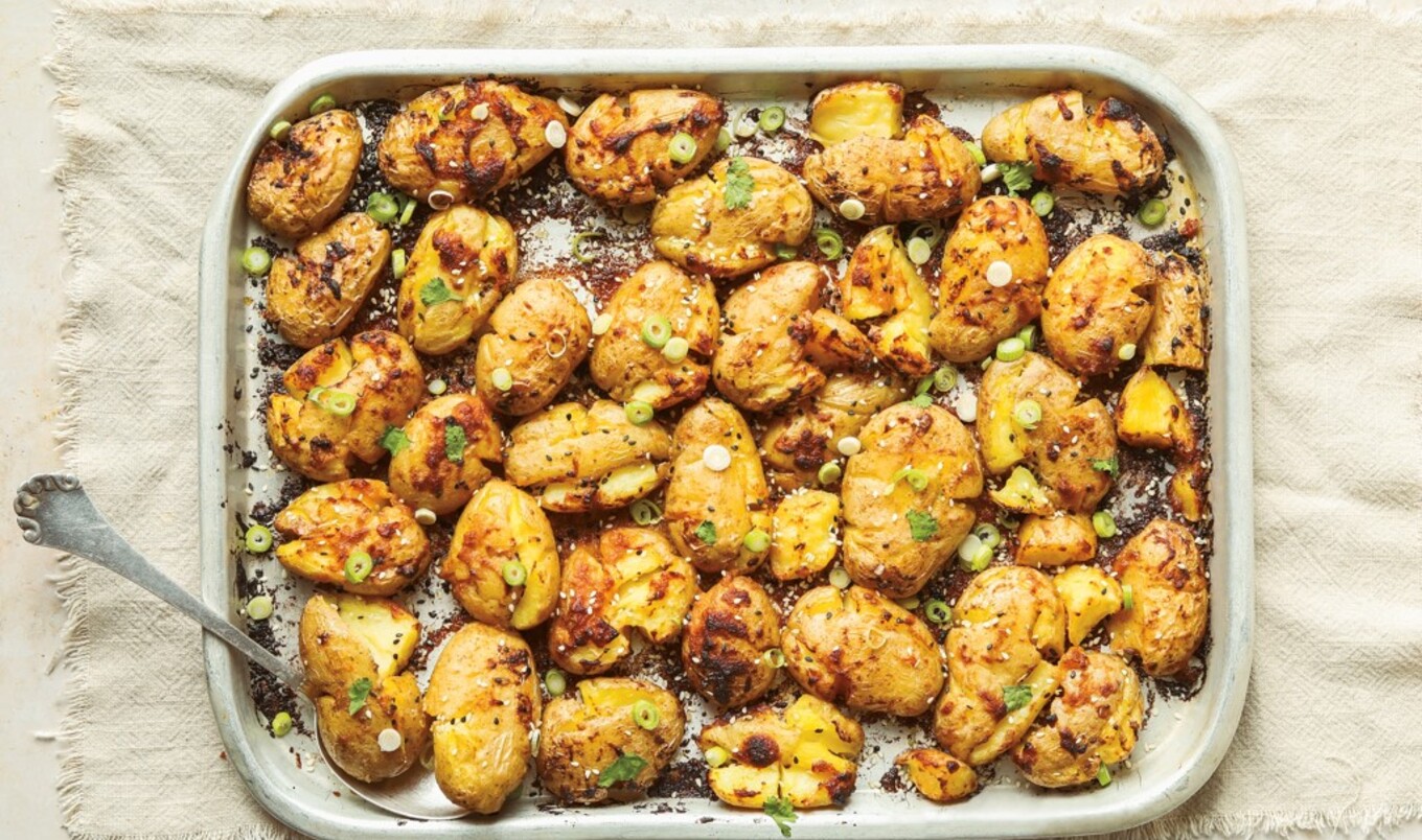 Easy Vegan Miso-Butter Sheet Pan Smashed Potatoes