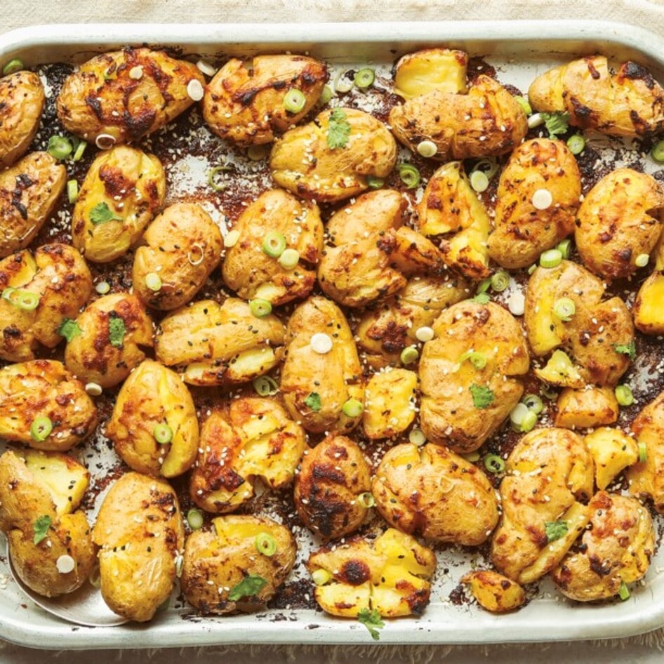 Easy Vegan Miso-Butter Sheet Pan Smashed Potatoes