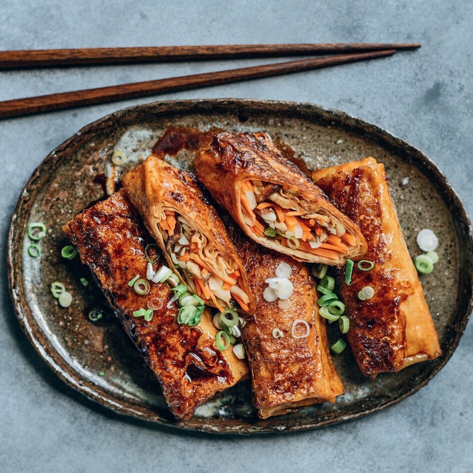 Bamboo Shoot and Mushroom-Stuffed Yuba Rolls