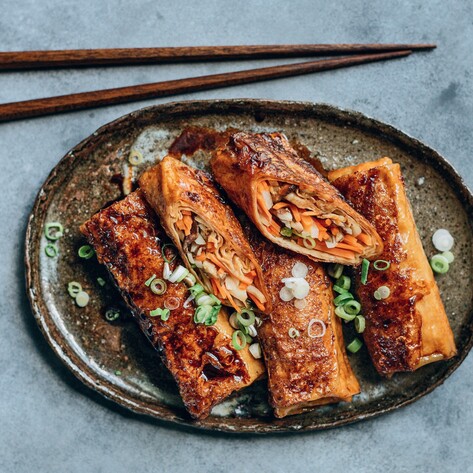 Vegan Bamboo Shoot and Mushroom-Stuffed Yuba Rolls