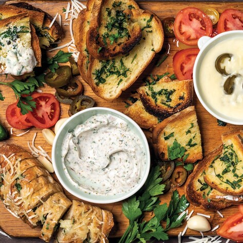 Vegan Garlic Bread Dippers With Jalapeño Cheddar and Creamy Garlic Dipping Sauces 