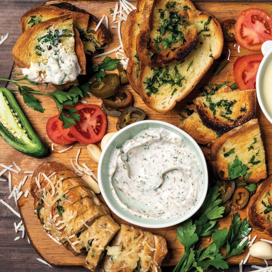 Vegan Garlic Bread Dippers With Jalapeño Cheddar and Creamy Garlic Dipping Sauces&nbsp;