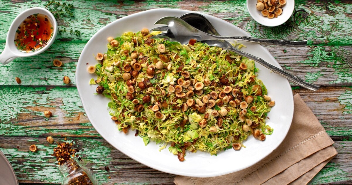 Warm Brussels Sprouts Salad With Coconut Bacon | VegNews
