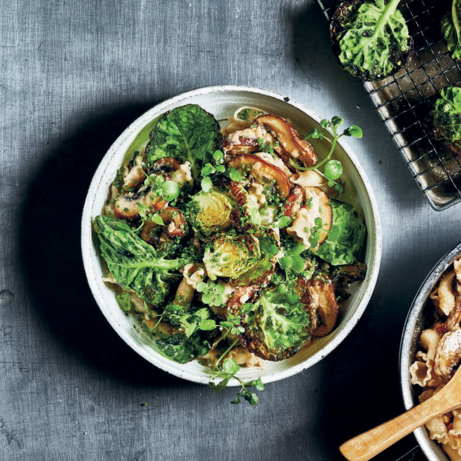 Creamy Pasta With Fried Mushrooms and Brussels Sprouts