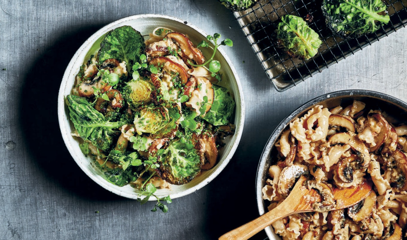 Creamy Pasta With Fried Mushrooms and Brussels Sprouts