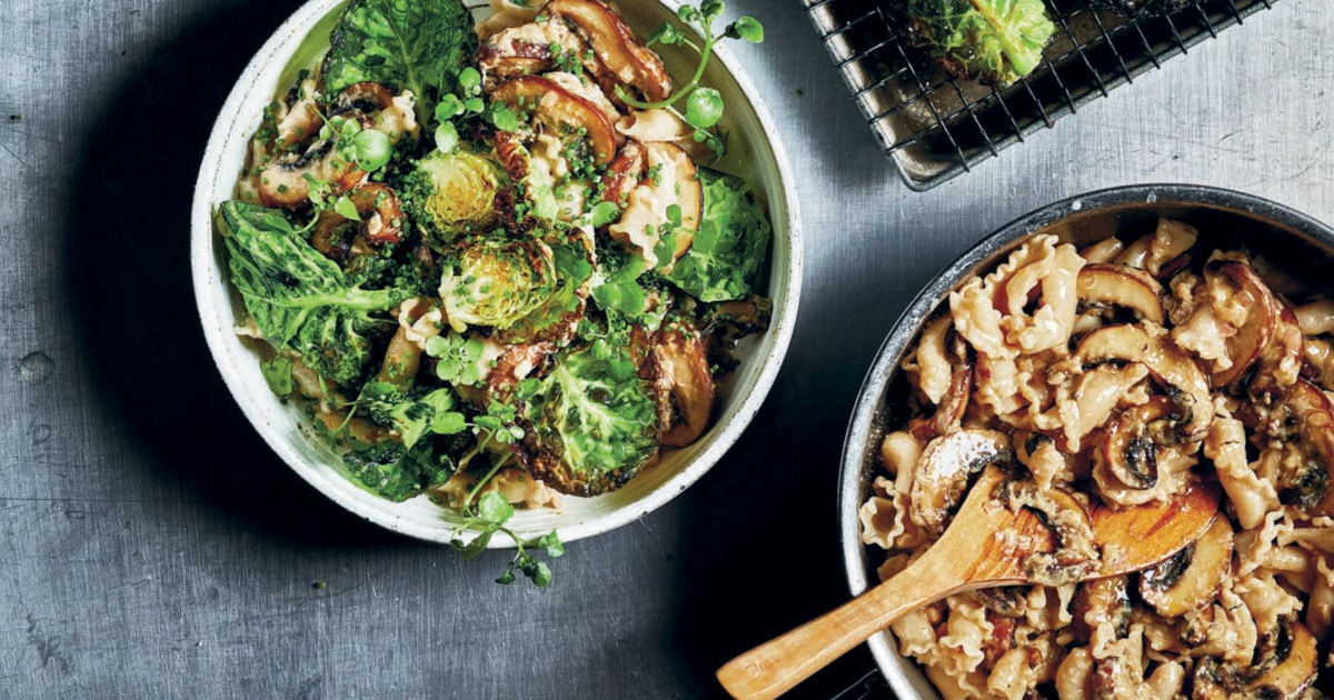 Creamy Pasta With Fried Mushrooms and Brussels Sprouts | VegNews