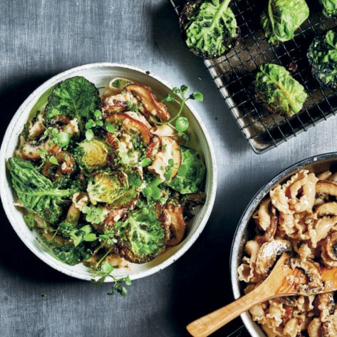 Vegan Creamy Pasta With Fried Mushrooms and Brussels Sprouts