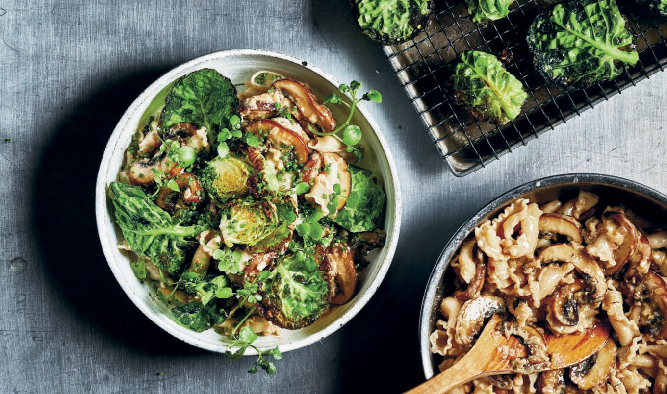 Vegan Creamy Pasta With Fried Mushrooms and Brussels Sprouts