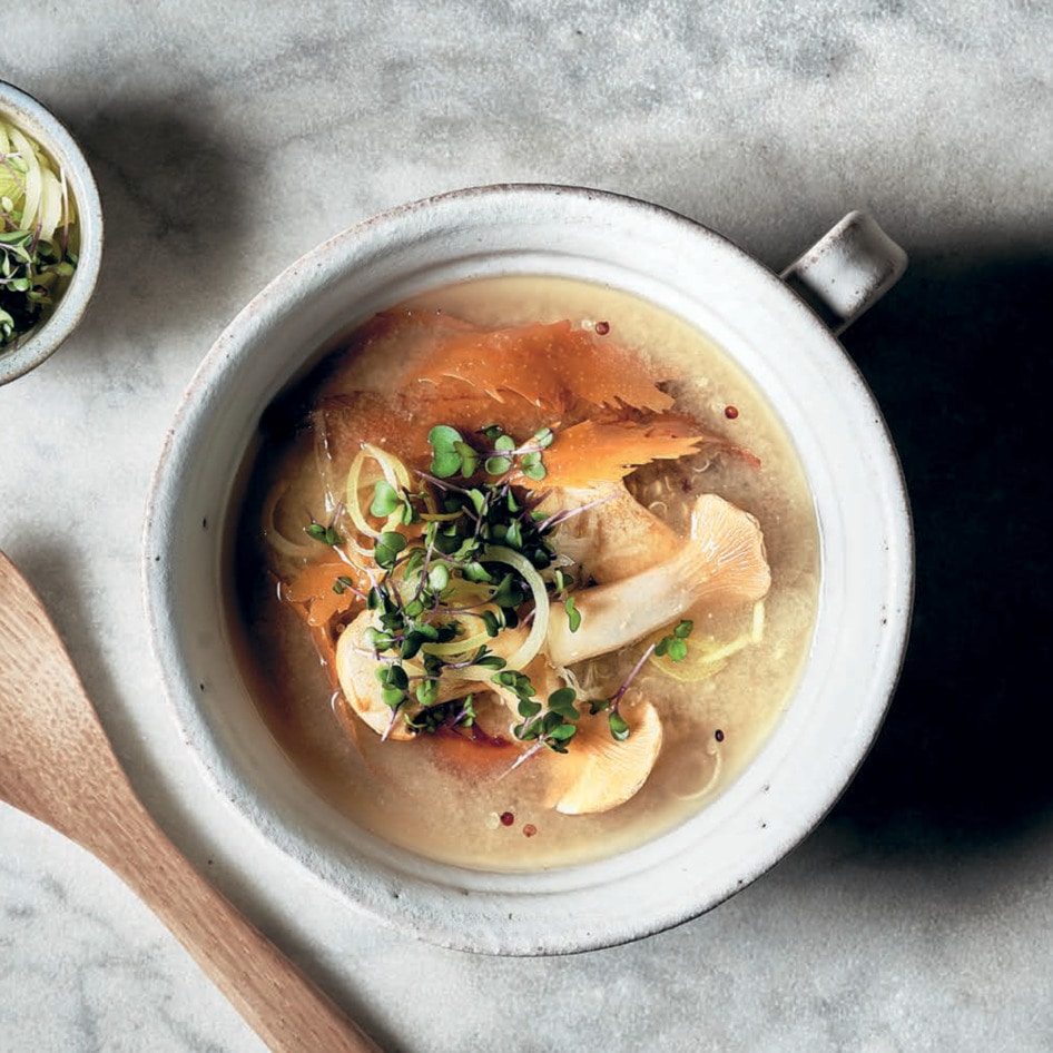 Miso Soup With King Oyster Mushrooms, Quinoa, and Seaweed