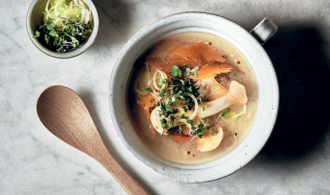 Miso Soup With King Oyster Mushrooms, Quinoa, and Seaweed
