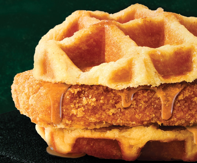 vegnews.Chik'n and Waffle Sandwich Food Shot