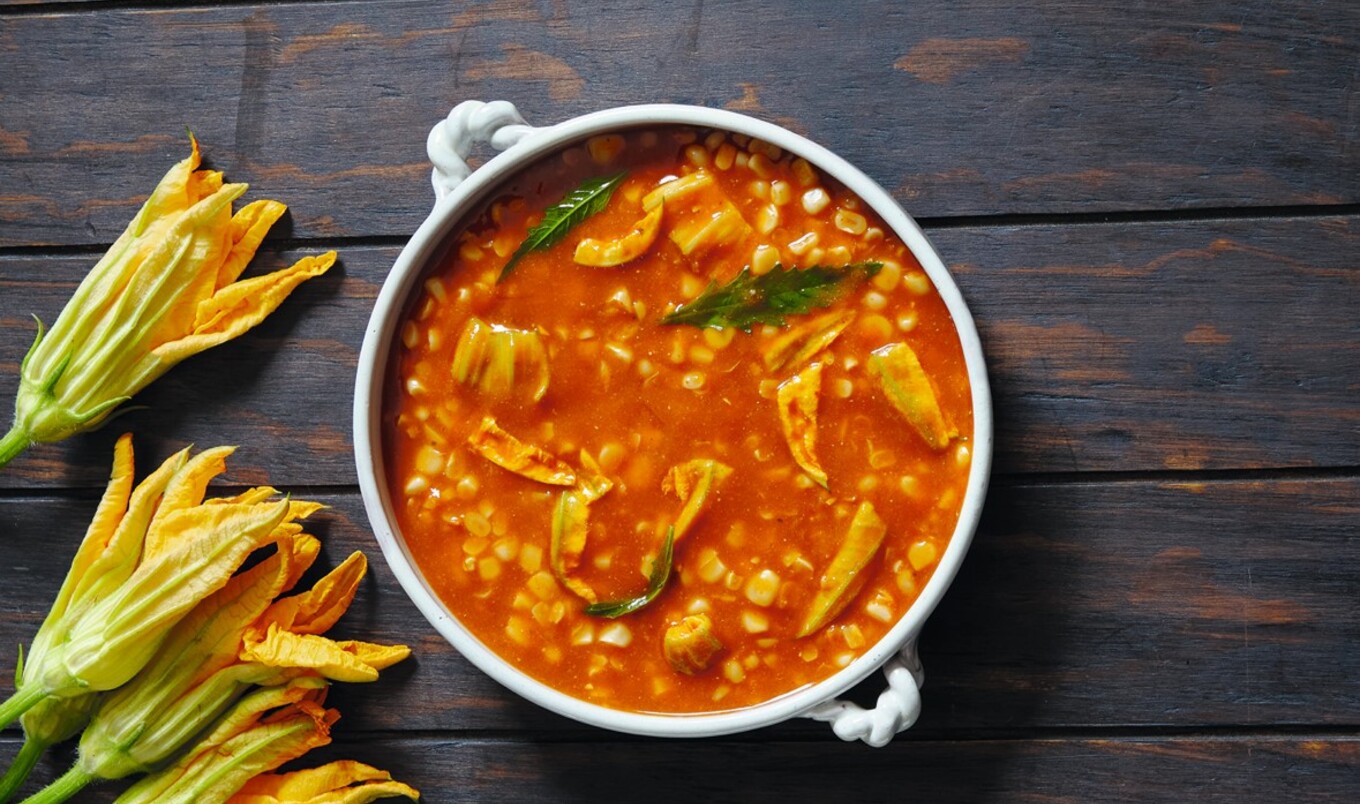 Vegan Zucchini Flower Chileatole (Corn Soup)