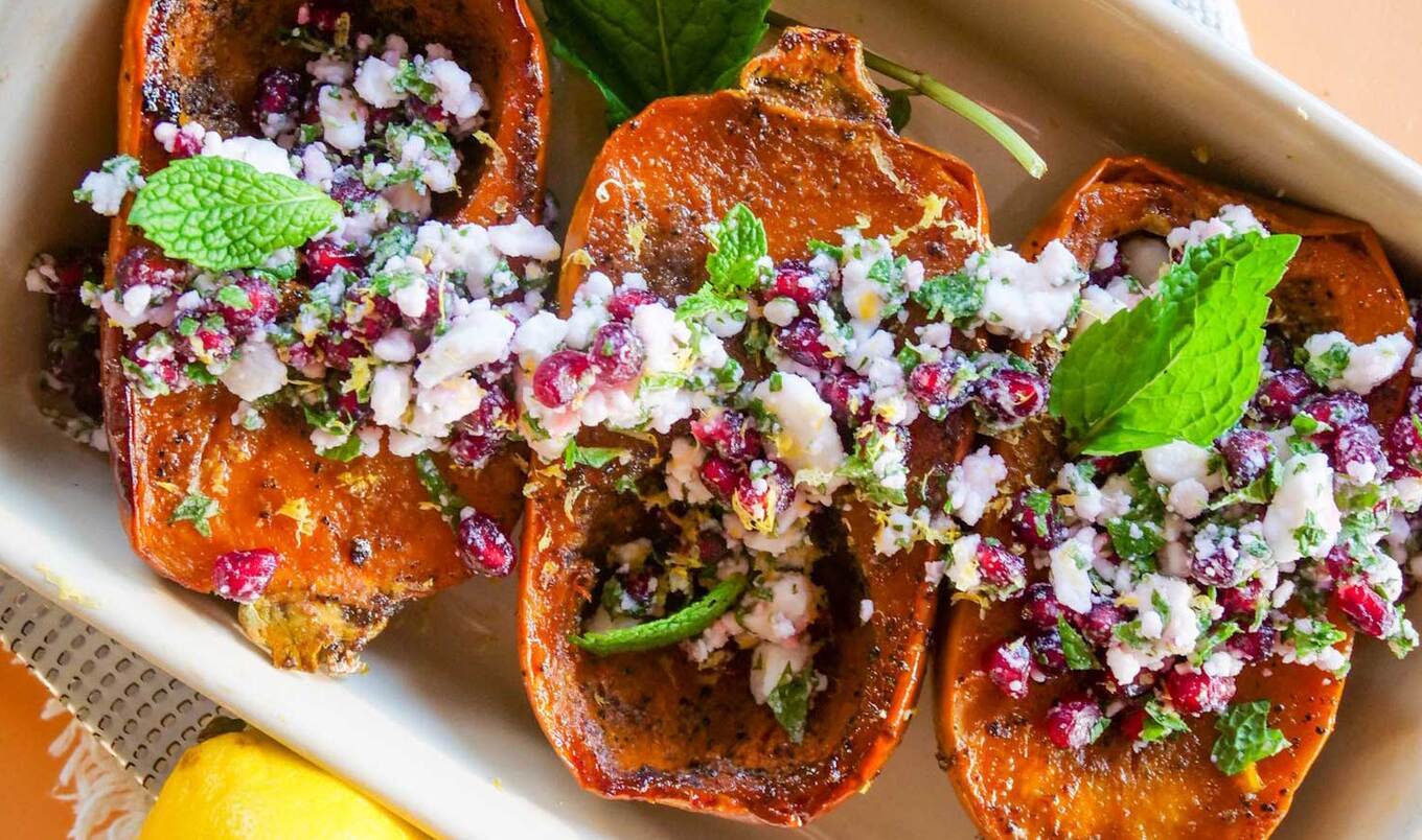 Glazed Vegan Honeynut Squash With Mint and Feta 