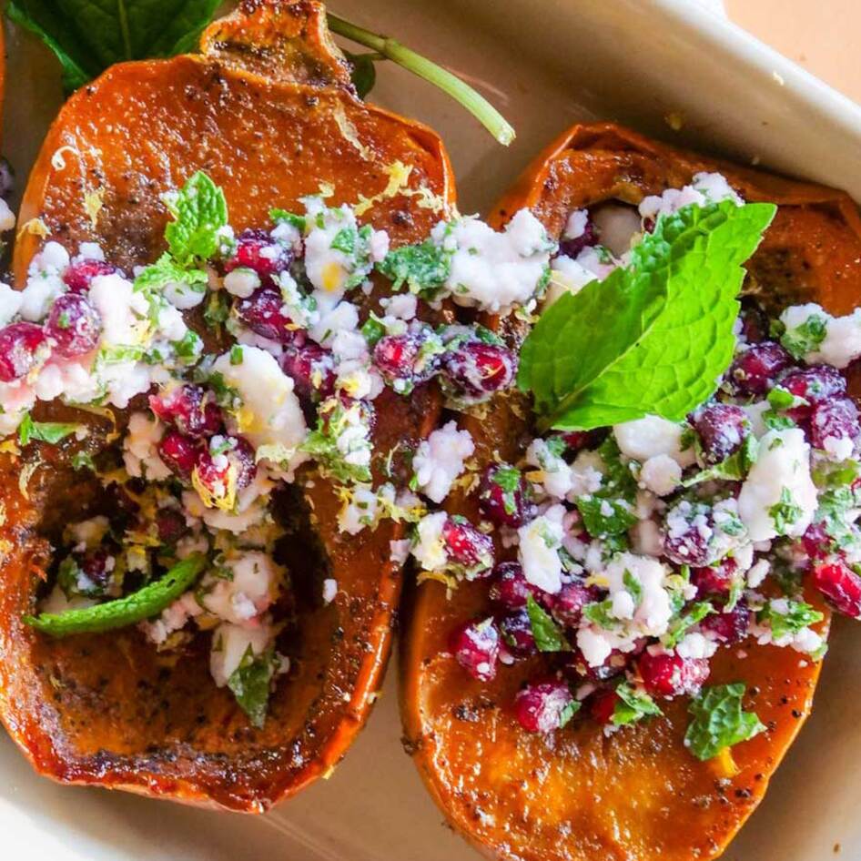 Glazed Vegan Honeynut Squash With Mint and Feta 
