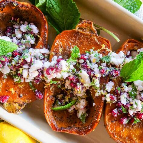 Glazed Vegan Honeynut Squash With Mint and Feta 