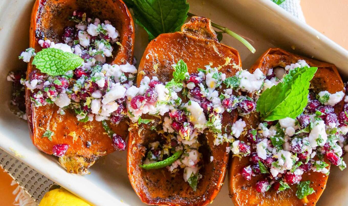 Glazed Vegan Honeynut Squash With Mint and Feta 