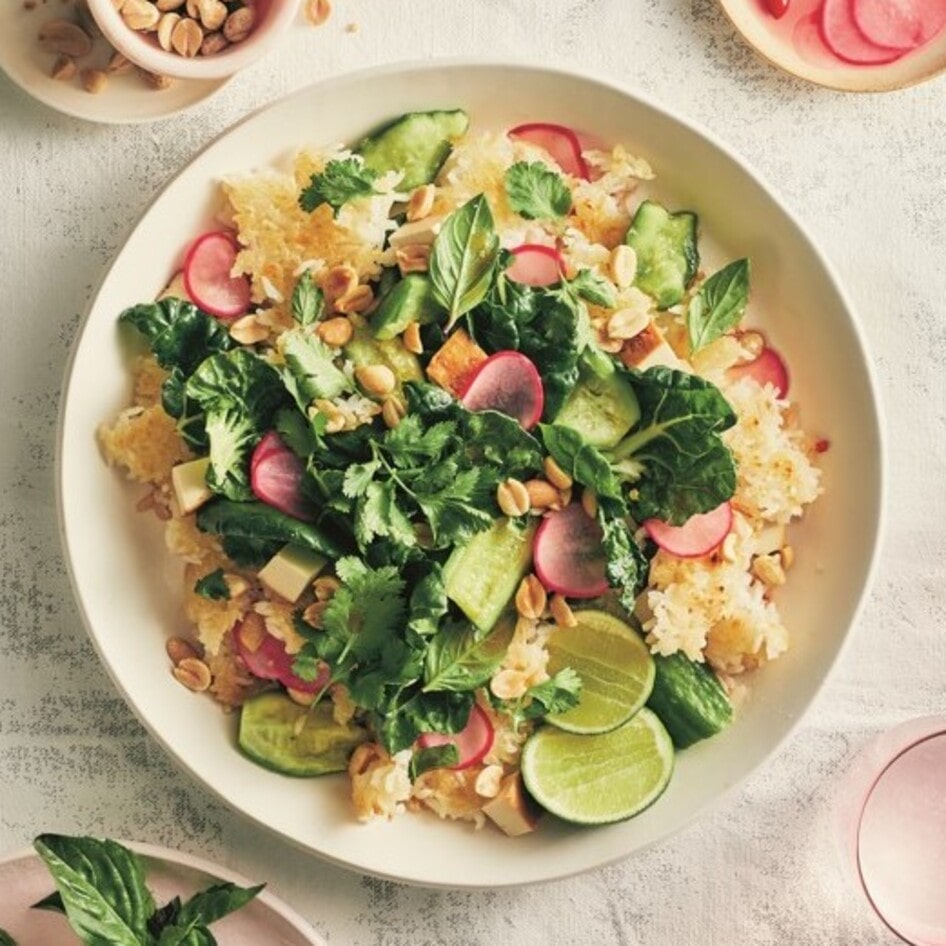 Vegan Crispy Rice Salad With Smashed Cucumbers and Spicy Pickled Radishes