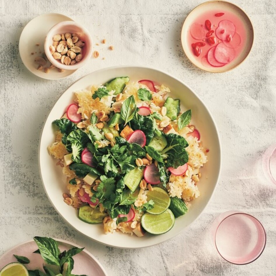 Vegan Crispy Rice Salad With Smashed Cucumbers and Spicy Pickled Radishes