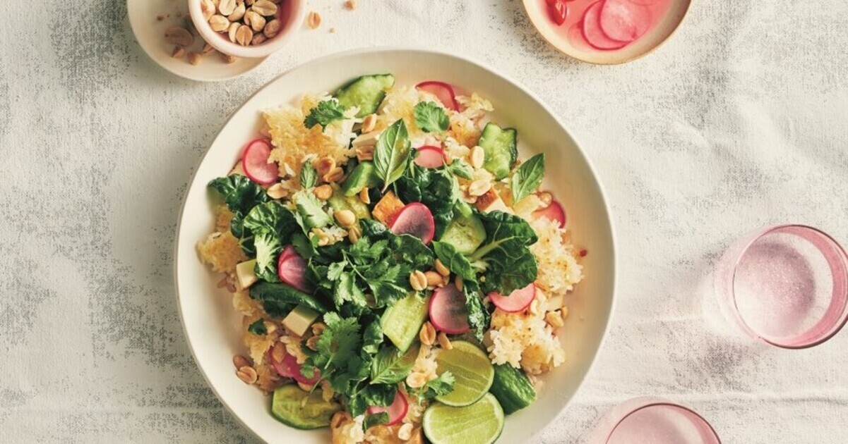 Crispy Rice Salad With Smashed Cucumbers and Spicy Pickled Radishes | VegNews